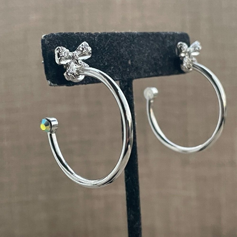 Guess Women Earrings Silver Tone Crystal Bow Hoops Jack Post New - Picture 2 of 11